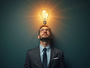 Businessman with creative light bulb above his head. Planning strategy, analysis solution and innovative business ideas.