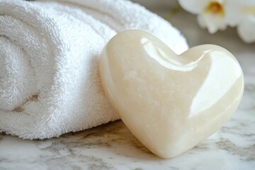 Cream Colored Heart Shaped Stone Next to White Towel on Marble Surface