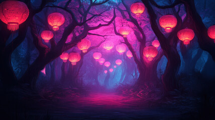 Enchanted forest with glowing pink lanterns illuminating mystical path, creating magical atmosphere