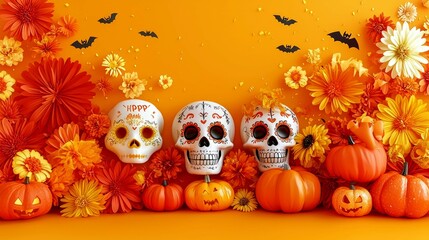 Naklejka premium Vibrant Day of the Dead: Sugar Skulls & Marigolds in Festive Halloween Still Life