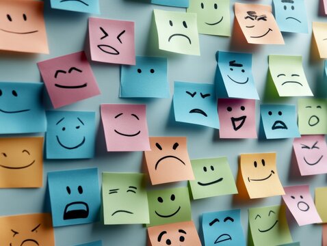 Wall of Colorful Sticky Notes with Expressive Faces and Emotions

