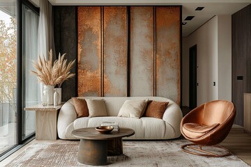 Modern minimalist interiors in residential living rooms with sofas and tables. Generative AI
