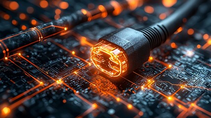 Fiber optic cable connecting circuit board; glowing data transfer; tech background; website header