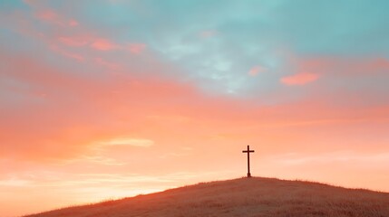 Obraz premium Sunset cross on hilltop spiritual landscape serene environment peaceful viewpoint