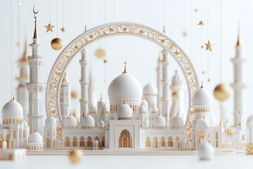 Obraz premium Experience the festive spirit of Eid Fitr with this high-definition 3D-rendered vector illustration, showcasing a vibrant white and gold Islamic lantern adorned with traditional motifs and intricate .