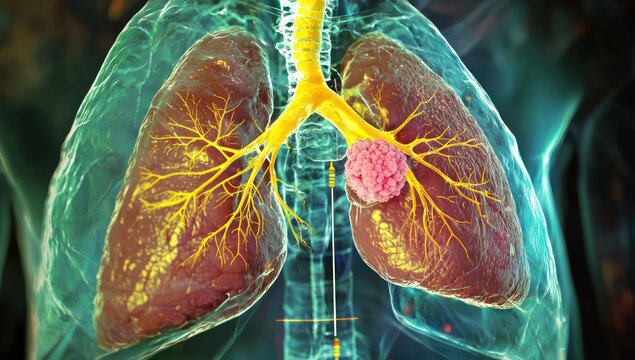 3D rendering of pulmonary bronchoscopy showcasing detailed airway inspection and tumor assessment techniques.