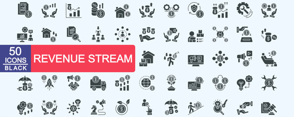 Revenue Stream icon set collection. Consist of Income statement, Revenue, Sales, Interest rate, Rental income, Gross profit, Operating expenses, Insurance. Simple vector black illustration.