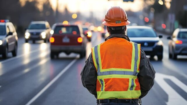 Guarding the Flow: A road worker, clad in high-visibility attire, diligently oversees the bustling flow of traffic, ensuring safety and order amidst the urban sprawl. 