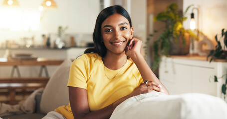 Smile, woman and relax on couch with portrait of weekend, comfortable and calm morning in lounge. Happy, student and resting peace of self care, stress relief and university break with chill at house