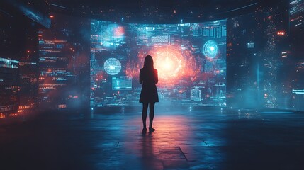 A corporate strategist surrounded by swirling holographic market projections, AI-driven leadership insights, and a glowing digital transformation interface, hyper-detailed cyber glow,