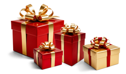 four 4 festive Christmas gifts, present boxes isolated png