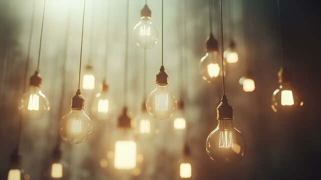 vintage light bulbs glowing in the dark. light bulbs background - Powered by Adobe