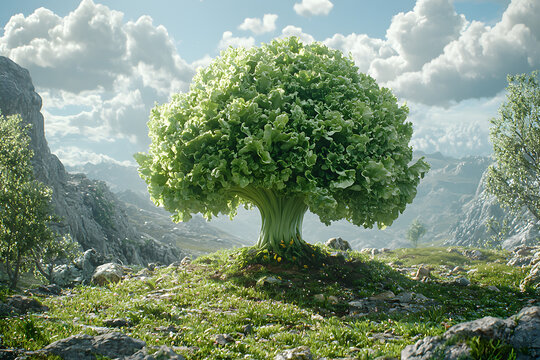 A whimsical illustration of a lettuce plant sprouting legs, walking through a fantastical landscape with vibrant colors and surreal elements.