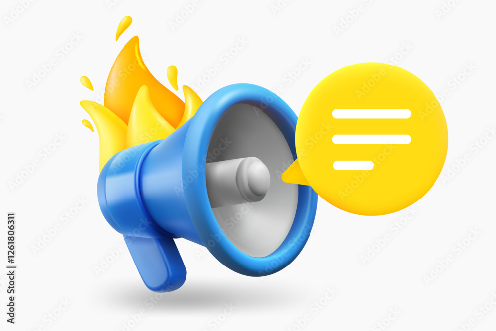 Poster flaming loudspeaker with speech bubble. breaking news concept. 3d vector illustration