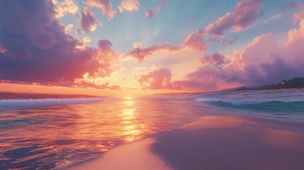Fototapeta premium Peaceful Ocean Sunset Reflecting on the Water Surface Under a Vibrant Sky with Soft Clouds