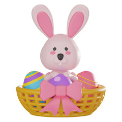 3D render, Cute Rabbit in Egg with Basket for Easter and Celebrations, Icon Illustration
