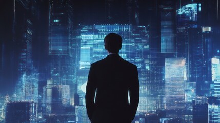 Businessman gazing futuristic cityscape, data streams background