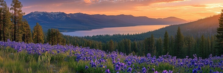 Obraz premium Beautiful summer landscape with a field of purple flowers, aquilegia, at sunset in a lake
