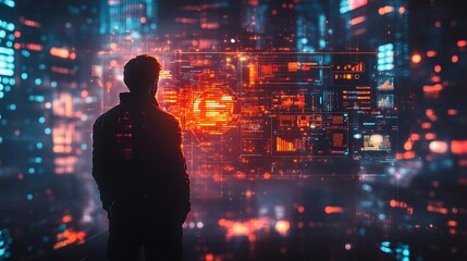 Fototapeta premium A futuristic entrepreneur's silhouette dissolving into interactive business intelligence dashboards, augmented reality trade negotiations, and a cybernetic economy grid, cinematic cyberpunk realism,