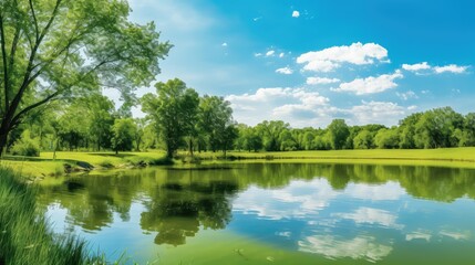 Obraz premium reflection blue sky green grass