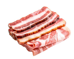Obraz premium Layers of raw bacon slices showcasing marbling and varying textures.