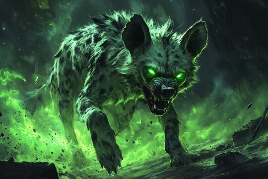 Green Eyed Hyena Emerging From Glowing Green Flames