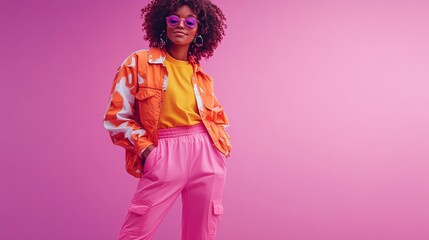 Fototapeta premium Stylish Woman Poses In Vibrant Orange And Pink Outfit