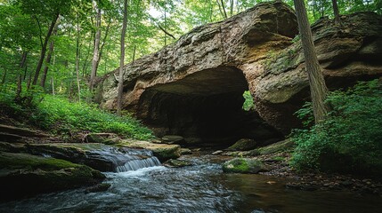 Fototapeta premium Forest Stream Flows Beneath Natural Rock Archway