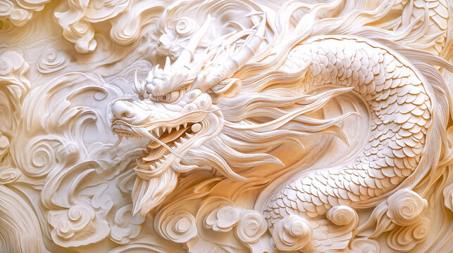 Intricate bas relief of Chinese dragon with detailed scales and flowing mane, showcasing traditional artistry and cultural symbolism in stunning white sculpture