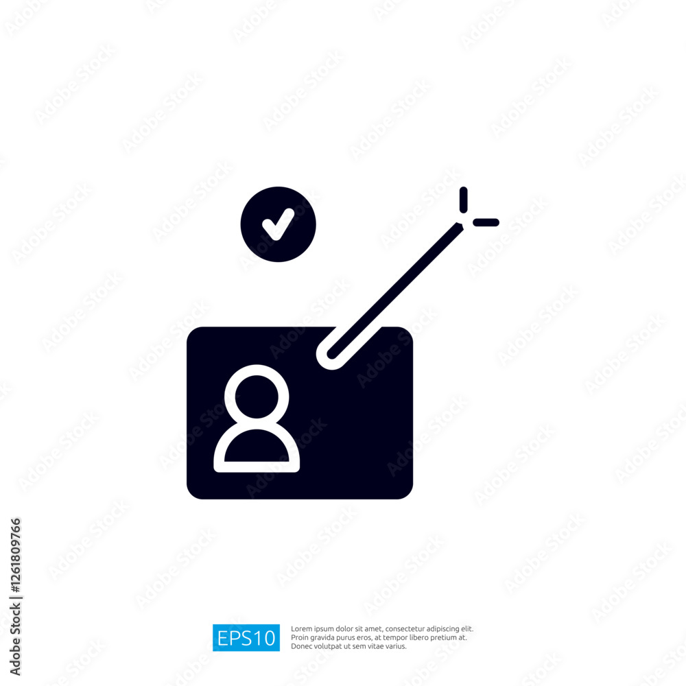 Poster a user profile icon with a checkmark and a pointer, suggesting verification or approval of a user's 