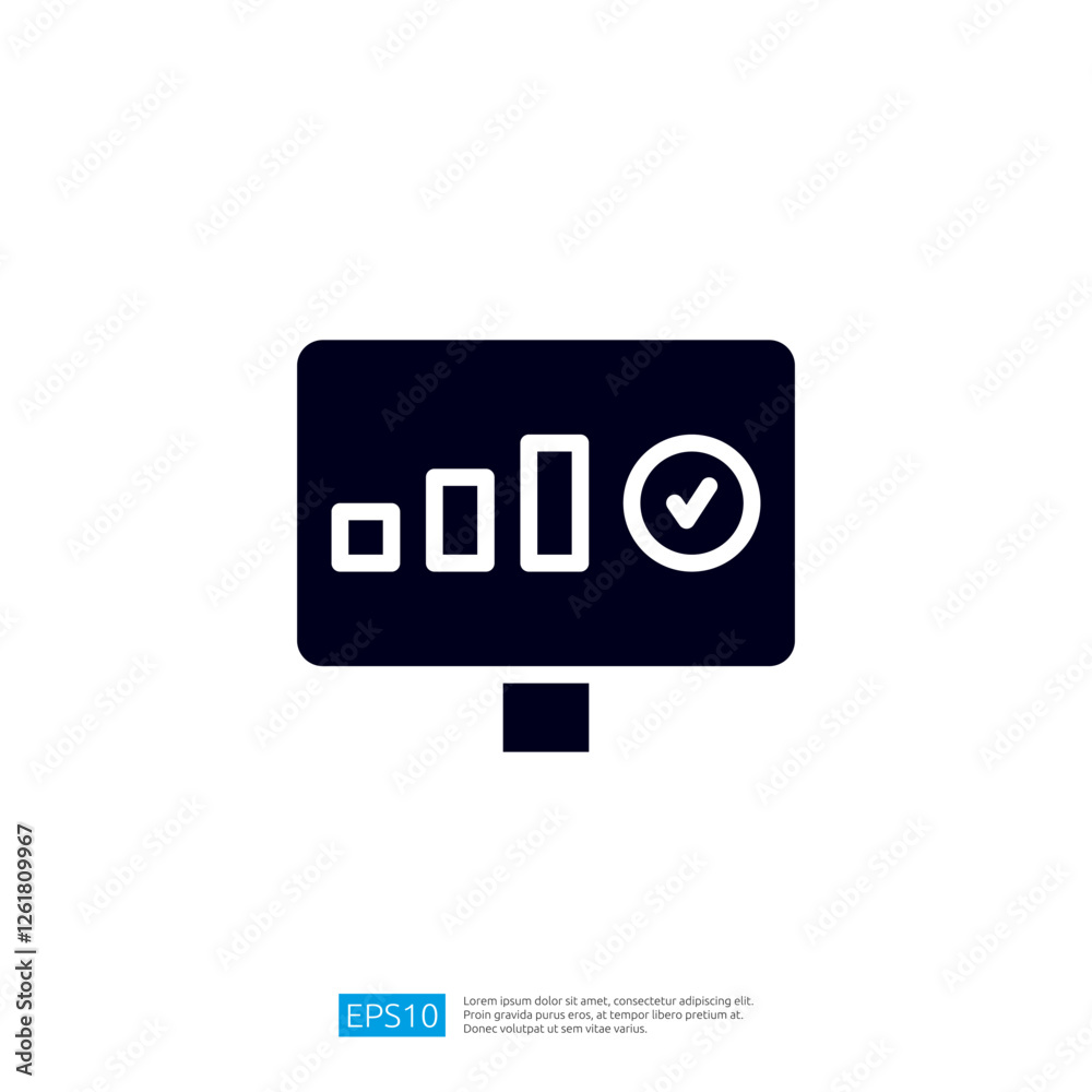 Poster a simple graphic depicting a screen with bar graphs and a checkmark, symbolizing progress or success