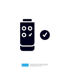 A simple graphic representation of a beverage container with checkmarks, indicating approval or confirmation. Illustration icon
