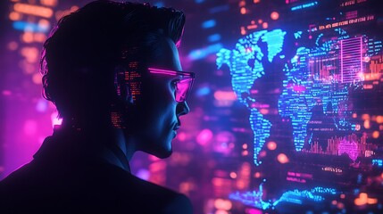 Close-up profile of a futuristic CEO, their silhouette infused with glowing financial graphs, holographic stock market data, and a neon world map, ultra-detailed cyberpunk aesthetic,