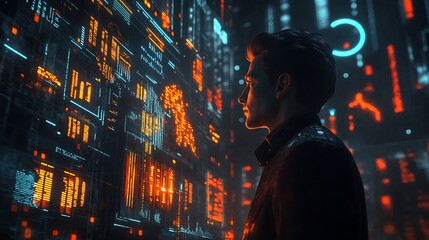 Close-up profile of a futuristic CEO, their silhouette infused with glowing financial graphs, holographic stock market data, and a neon world map, ultra-detailed cyberpunk aesthetic,