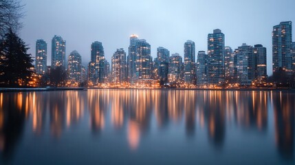 Fototapeta premium Glittering city skyline reflected on the calm waters of a river at night, urban serenity at its finest.