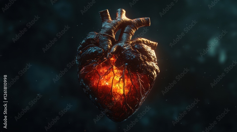 Aufkleber glowing 3d render of human heart with fire and particle effects