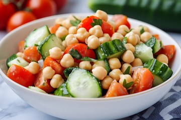 Cherry tomatoes, lettuce, cucumber and many more vegetables Boiled Egg and different kind of food in a bowl.