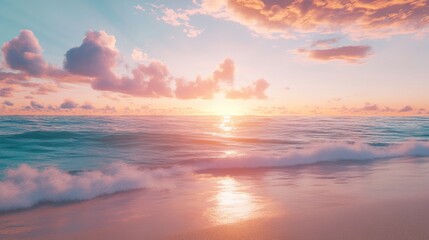 Obraz premium Serene Ocean Sunset with Pastel Sky Colors at Dusk with the Sun Glinting on the Waves Surface