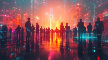 Fototapeta premium Dynamic composition of business innovators integrated with AI-powered startup networks, holographic economy growth visuals, and a smart city bathed in neon hues, ultra-HD, futuristic business realism,