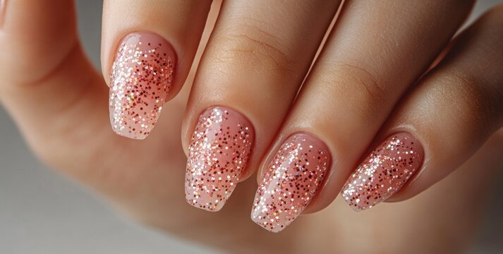 Close-up of elegant rose-gold glitter nails