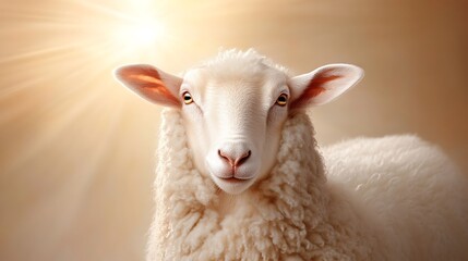 Fototapeta premium Sheep close-up in radiant light a peaceful farm portrait showcasing nature's beauty