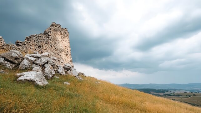 Ancient castle ruins standing tall against a stormy sky, tales of the past and secrets shrouded in eerie light. - Powered by Adobe