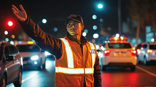 Night Traffic Control: A focused traffic controller directs vehicles at a busy intersection at night, his bright orange vest clearly visible against the backdrop of city lights.