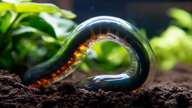 Macro Image of Planaria Worm on Dark Soil with Green Plants and Transparent Body