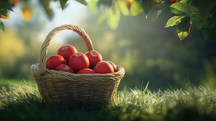 Apples in Basket, Orchard Setting, Harvest Season, Ideal for Food Photography