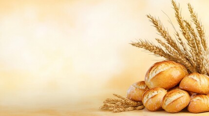 Fototapeta premium Goldenbrown baked bread and wheat stalks on rustic table, a celebration of freshly goodness