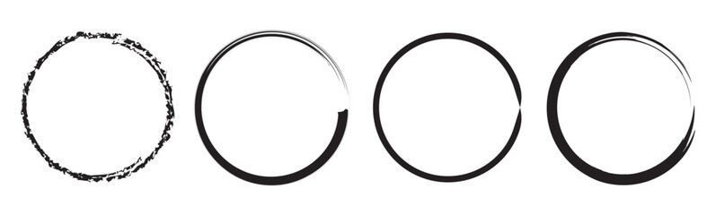 Brush circles. grunge circles. Brush circles. Watercolor texture. Ink circles. Black grunge round shapes. Brush strokes frames elements, frames for design. Vector isolated on white background. 