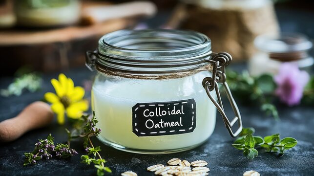 A glass jar labeled Colloidal Oatmeal surrounded by herbal skincare ingredients.