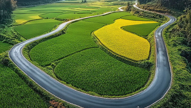 A winding country road stretching into the distance, with narrow strips of land on both sides covered in vibrant, colorful wildflowers. Surrounding the road are expansive green rice fields.