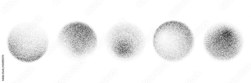 Poster Black round stippled gradient collection. Grunge circle dotted shadow set. Radial noise texture brush pack. Halftone grainy sand diffuse shape bundle. Round spray patterns. Vector dot work forms
